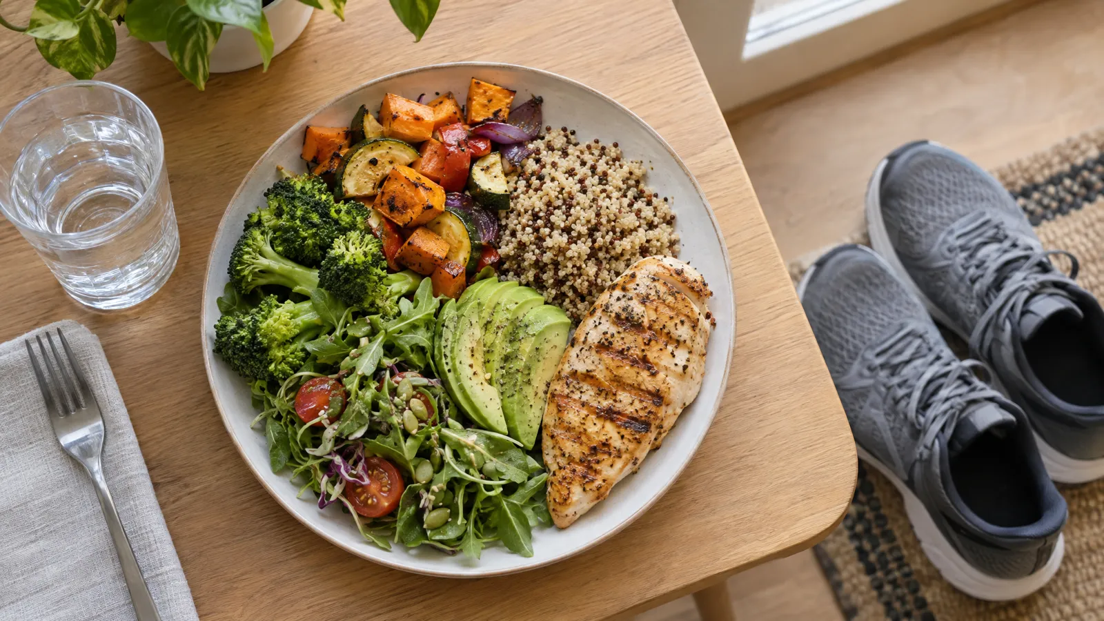 Prato com frango grelhado, legumes e salada ao lado de um par de tênis de corrida