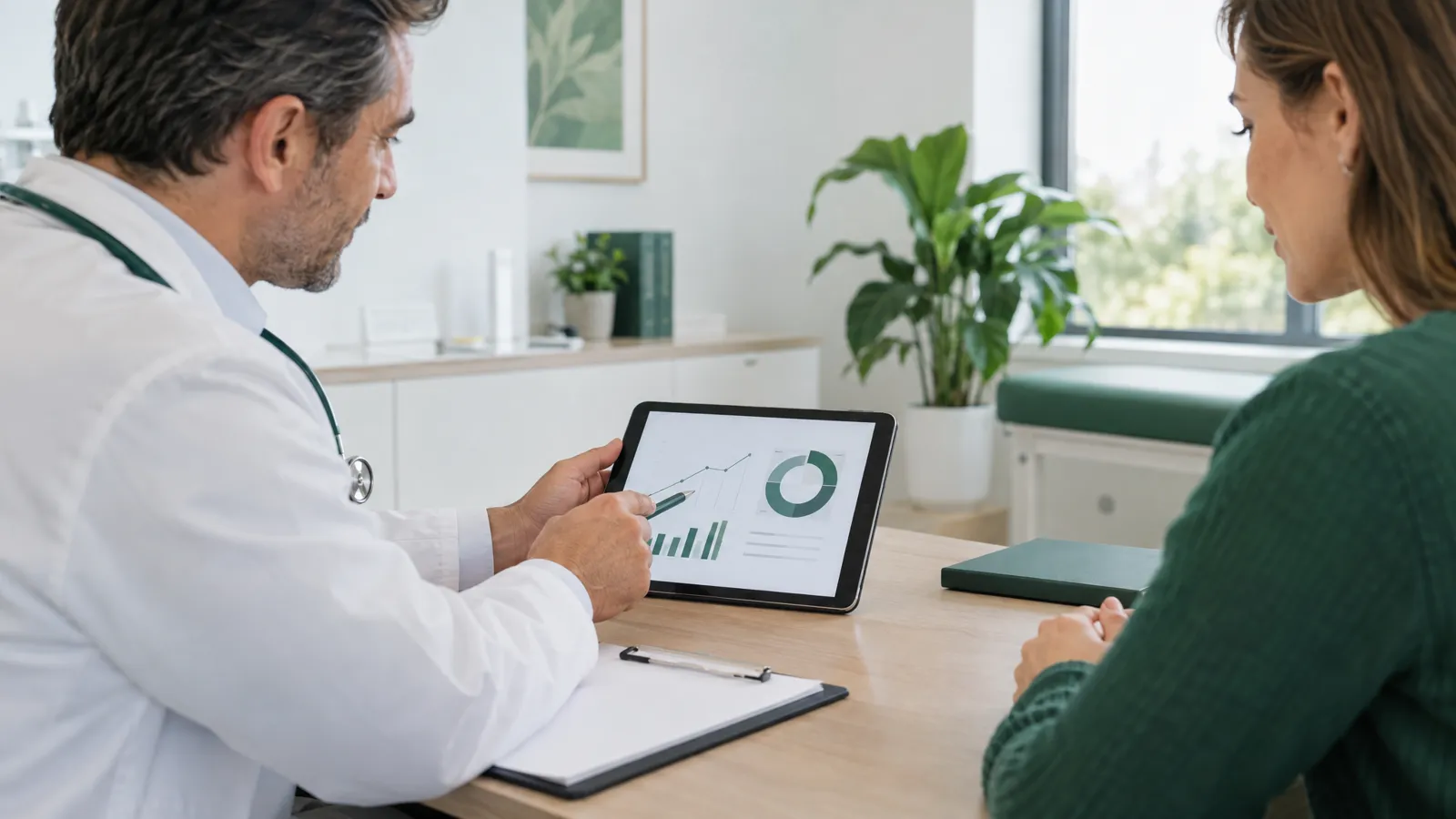 Médico explicando um plano de tratamento a uma paciente em consultório moderno
