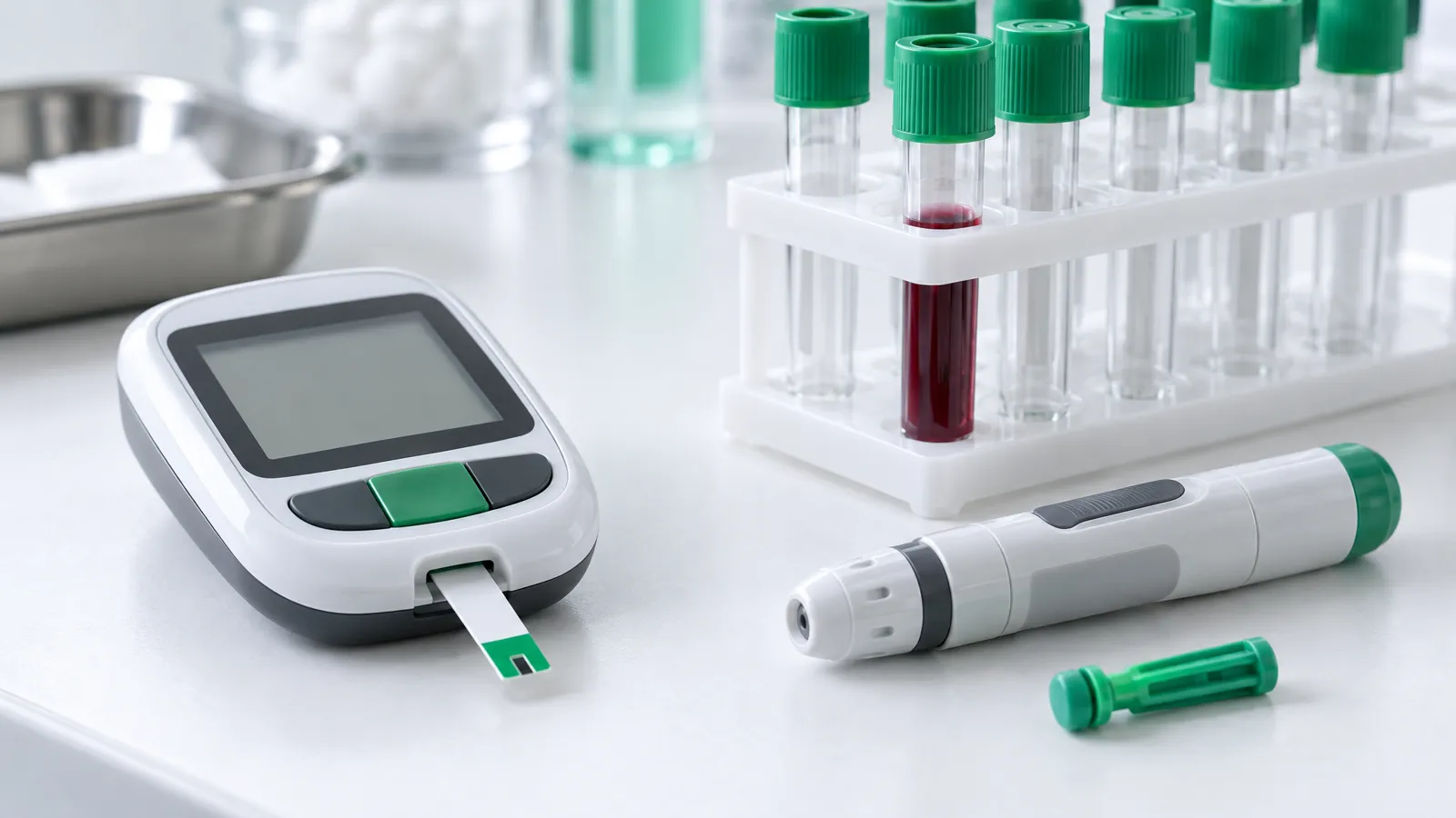 Glicosímetro, lanceta e tubos de coleta de sangue em bancada de laboratório