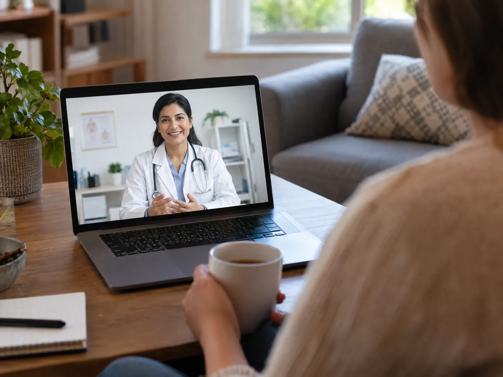 Consulta médica por vídeo em notebook